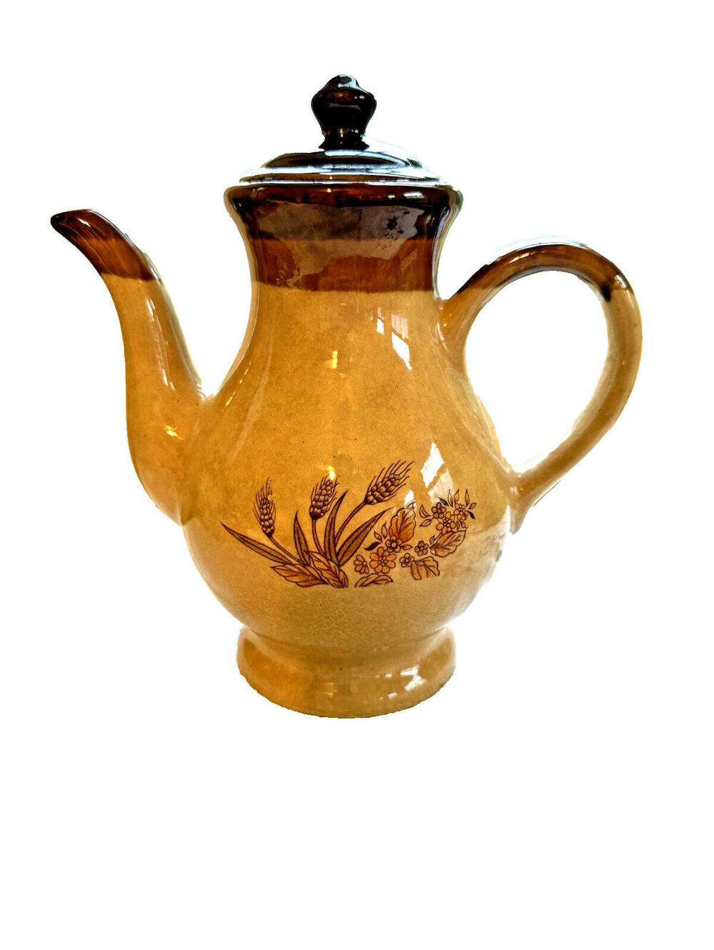 Vintage Brown Beige Wheat Pattern Teapot 9" Tan Grannycore Kitchen Decor Retro